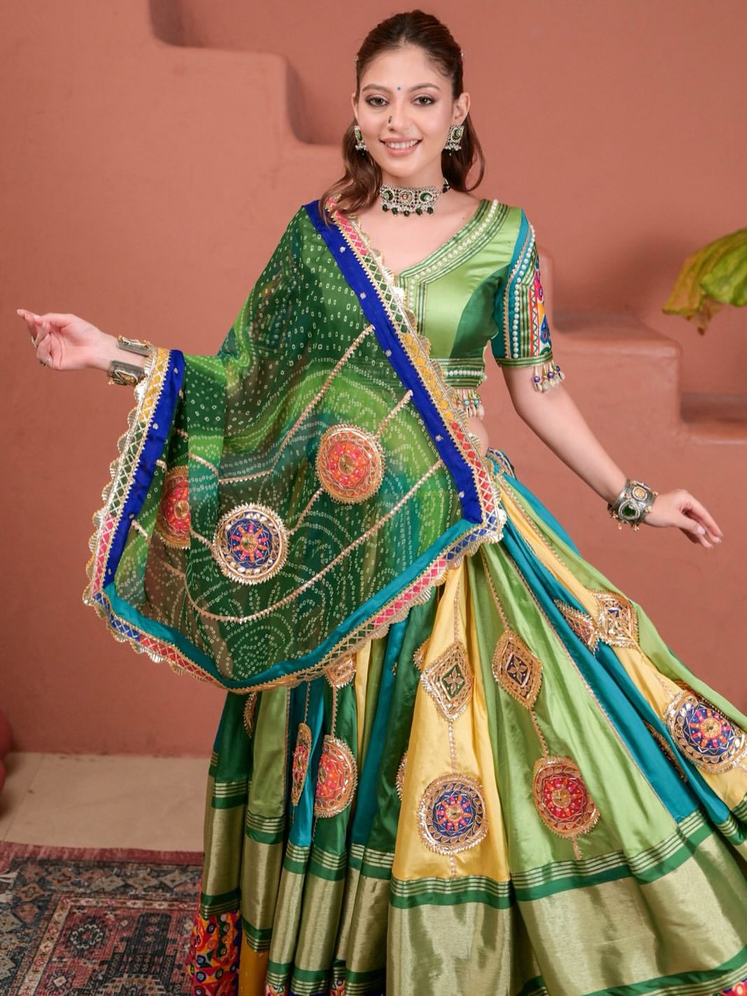 Emerald Elegance Green & Yellow Gamthi Embroidered Lehenga Choli
