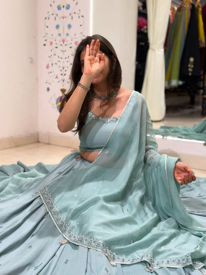 Aqua Blue Soft Shine Lehenga Set