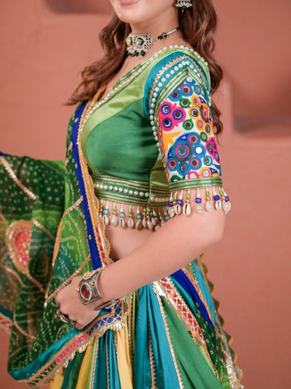 Emerald Elegance Green & Yellow Gamthi Embroidered Lehenga Choli