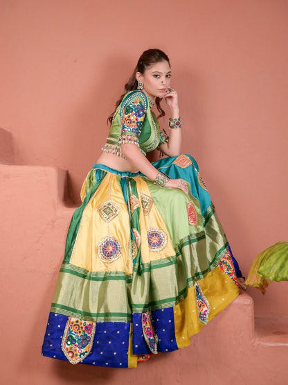 Emerald Elegance Green & Yellow Gamthi Embroidered Lehenga Choli