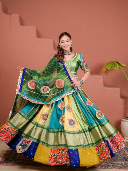 Emerald Elegance Green & Yellow Gamthi Embroidered Lehenga Choli