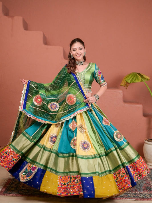 Emerald Elegance Green & Yellow Gamthi Embroidered Lehenga Choli