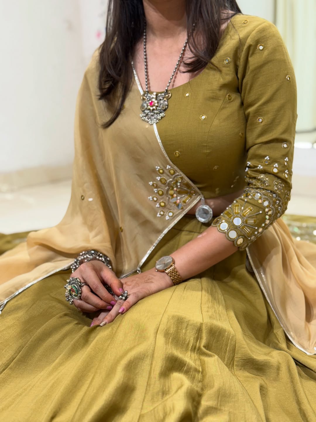 Olive Green Embroidered Lehenga