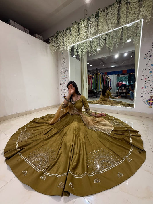 Olive Green Embroidered Lehenga