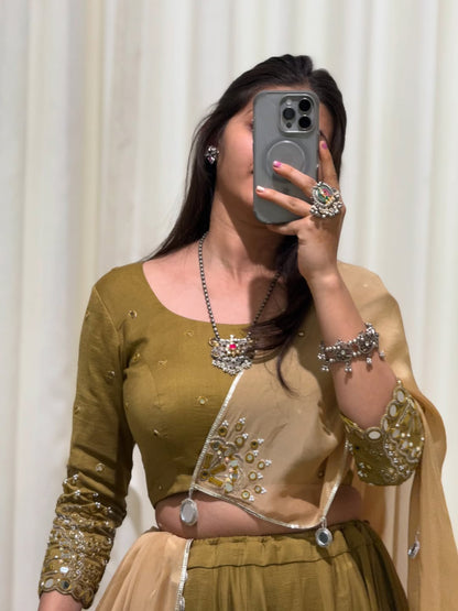Olive Green Embroidered Lehenga