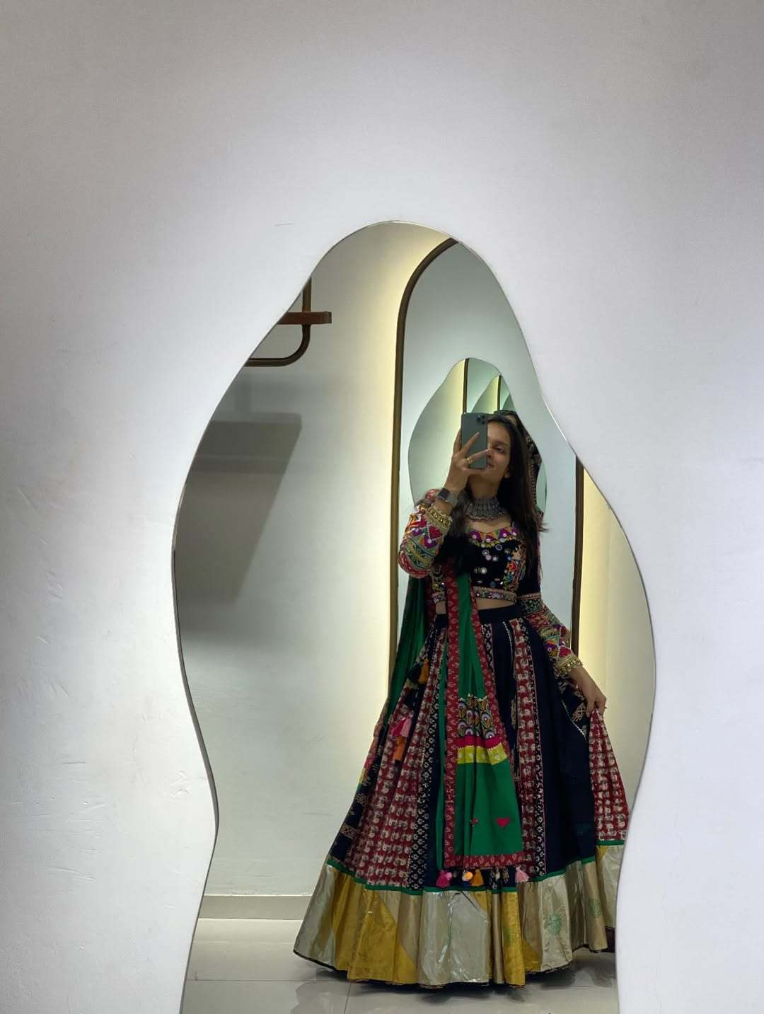 “Royal Raas: Multicolor Mirror Work Navratri Lehenga Set”