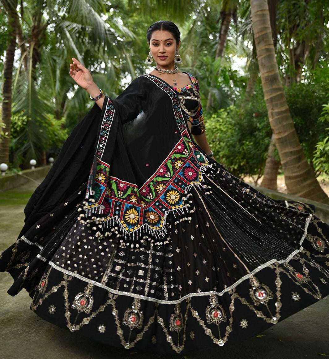 Black Multicolor Chaniya Choli with Embroidered Dupatta