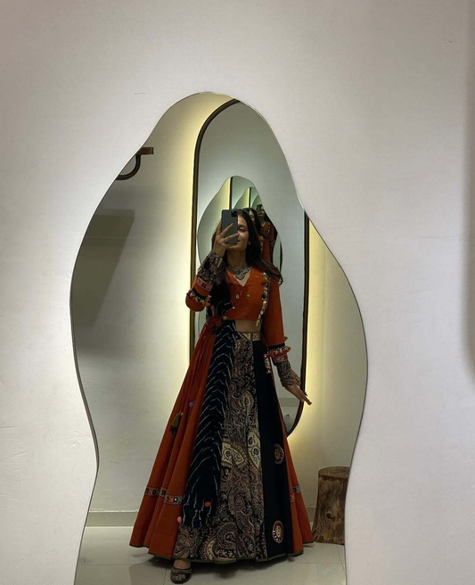 Rust Orange & Black Traditional Embroidered Lehenga Choli Set