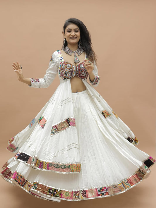 White Mirror Embroidered Koti Style Lehenga Choli with Full Flair