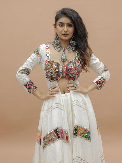 White Mirror Embroidered Koti Style Lehenga Choli with Full Flair