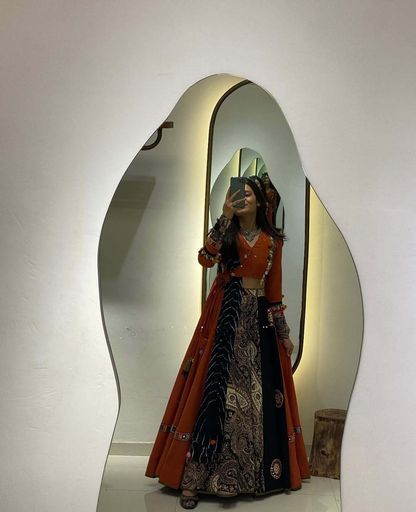Rust Orange & Black Traditional Embroidered Lehenga Choli Set