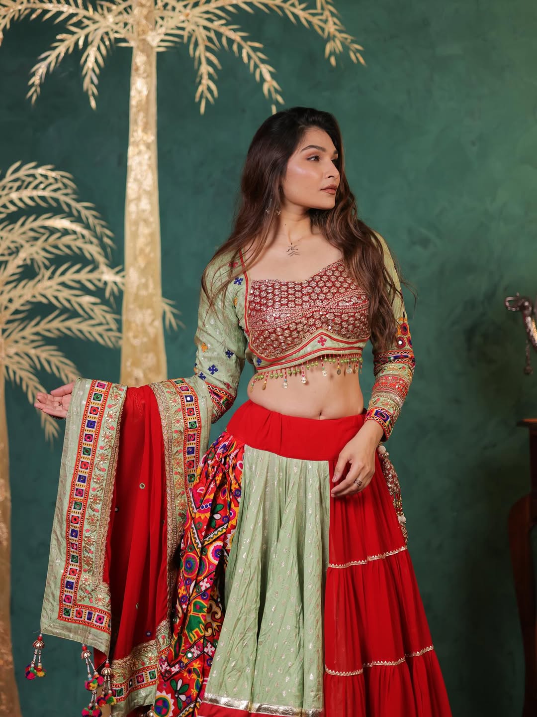 Regal Scarlet Gamthi Embroidered Lehenga Choli Set