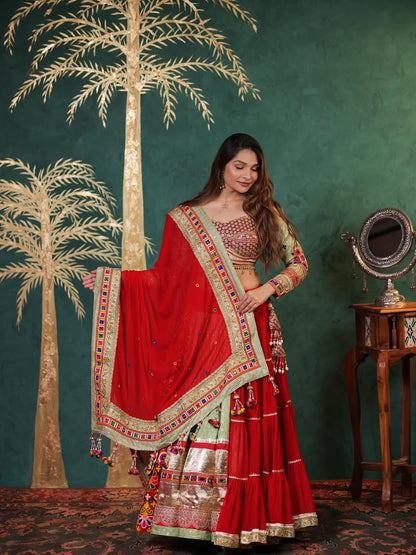 Regal Scarlet Gamthi Embroidered Lehenga Choli Set