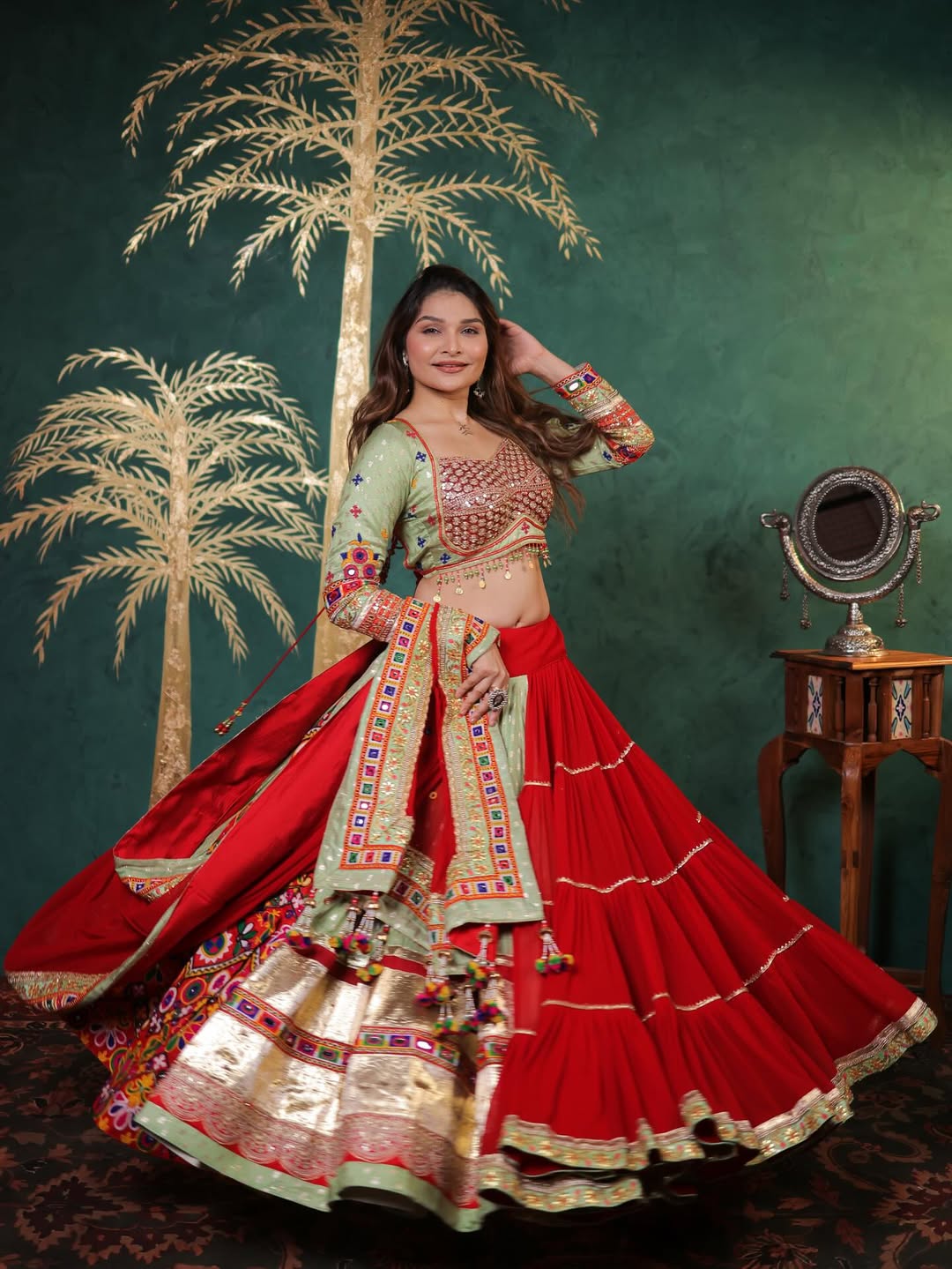 Regal Scarlet Gamthi Embroidered Lehenga Choli Set
