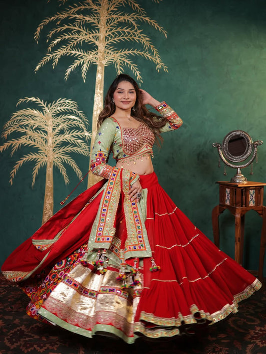 Regal Scarlet Gamthi Embroidered Lehenga Choli Set
