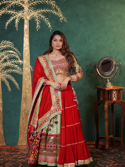 Regal Scarlet Gamthi Embroidered Lehenga Choli Set