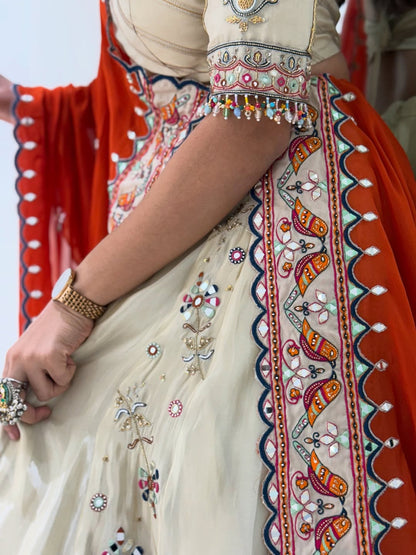 Noor-e-Rajputana Ivory & Rust Lehenga
