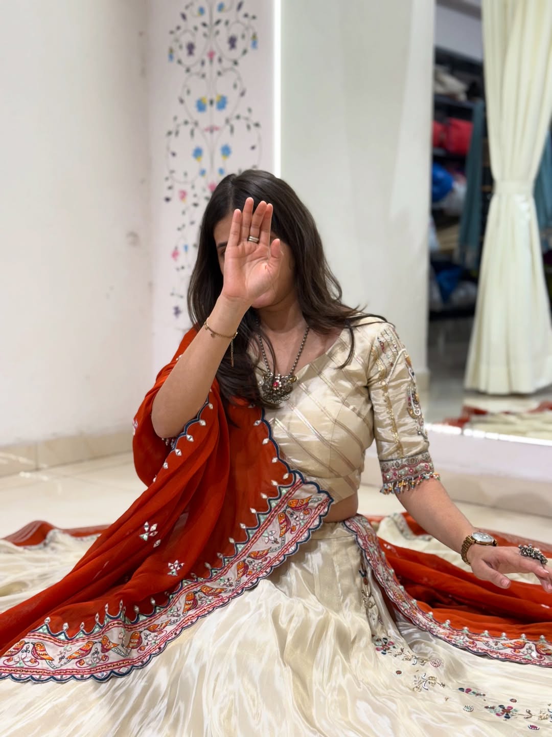 Noor-e-Rajputana Ivory & Rust Lehenga