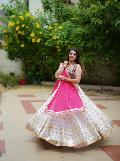 Radiant Elegance in White & Pink Lehenga Choli Set