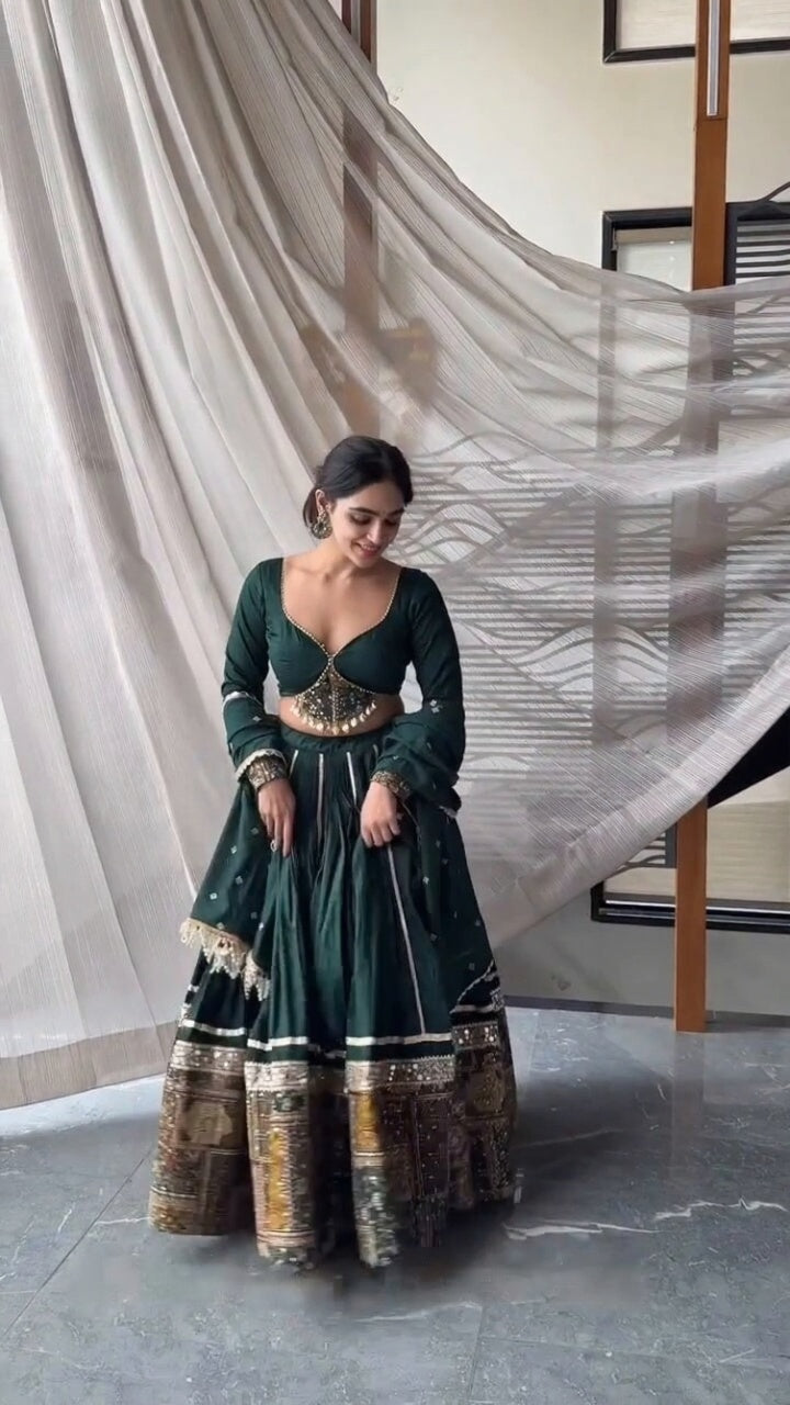 "Zehra Zari – Emerald Mirrorwork Flared Lehenga Set"
