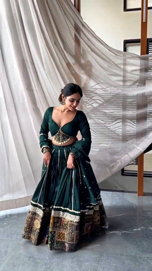 "Zehra Zari – Emerald Mirrorwork Flared Lehenga Set"