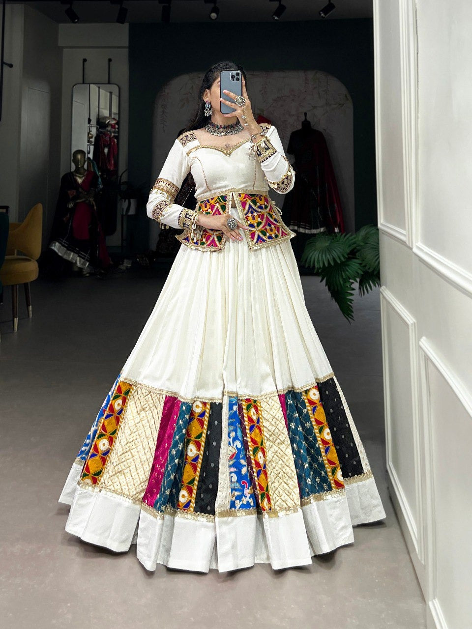 Rayon gamthi work White Concept Navratri Special Chaniya Choli
