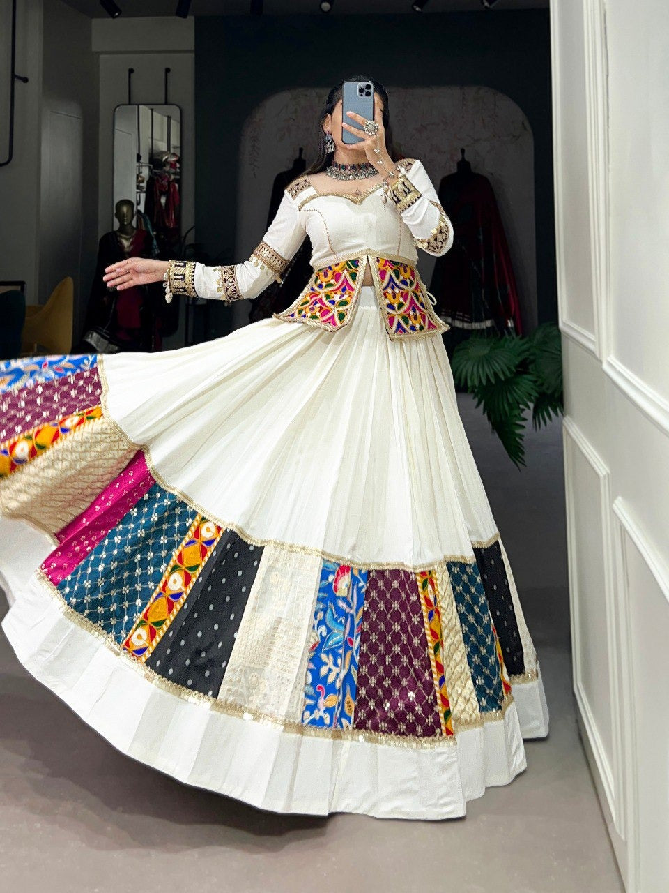 Rayon gamthi work White Concept Navratri Special Chaniya Choli