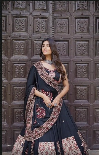 Saanjh Sutra Black Lehenga with Vintage Motifs
