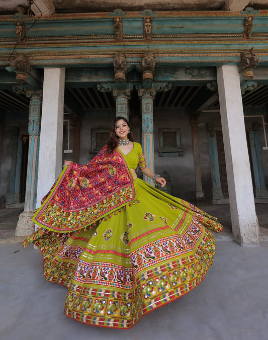 Lime Glow Mirror Embroidered Garba Lehenga Se