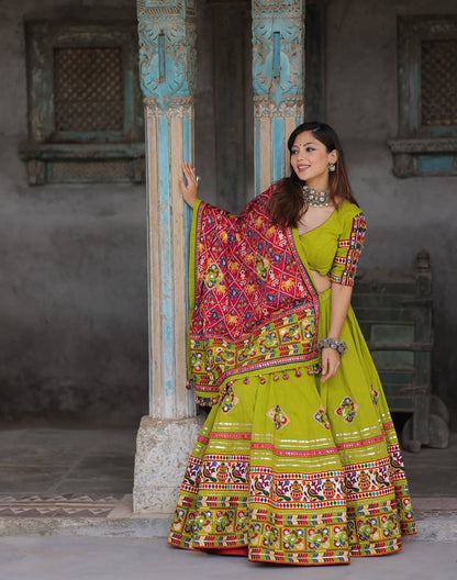 Lime Glow Mirror Embroidered Garba Lehenga Se