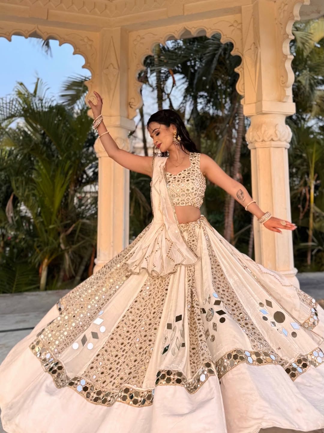 Radiance Reflection White Real Mirror work Lehenga Set