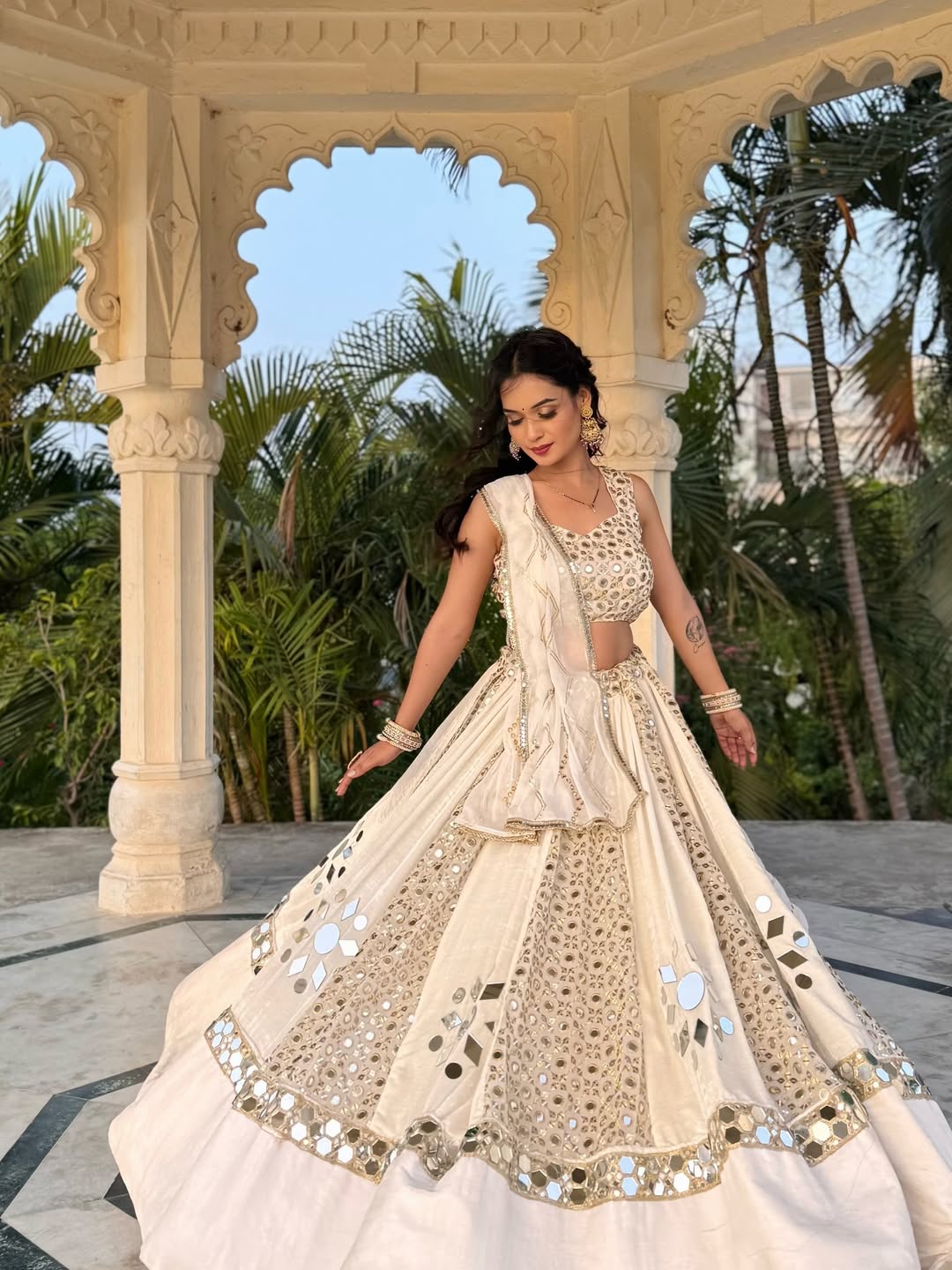 Radiance Reflection White Real Mirror work Lehenga Set
