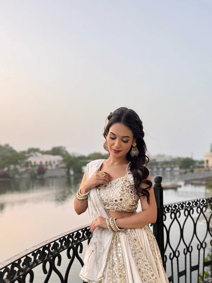 Radiance Reflection White Real Mirror work Lehenga Set