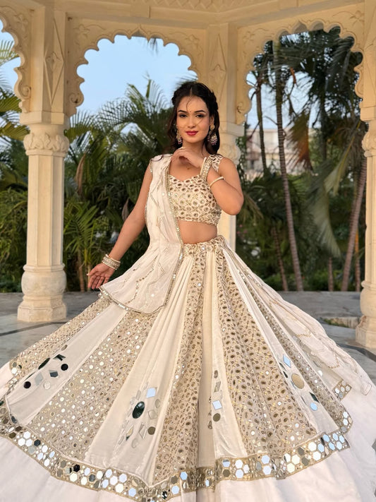 Radiance Reflection White Real Mirror work Lehenga Set