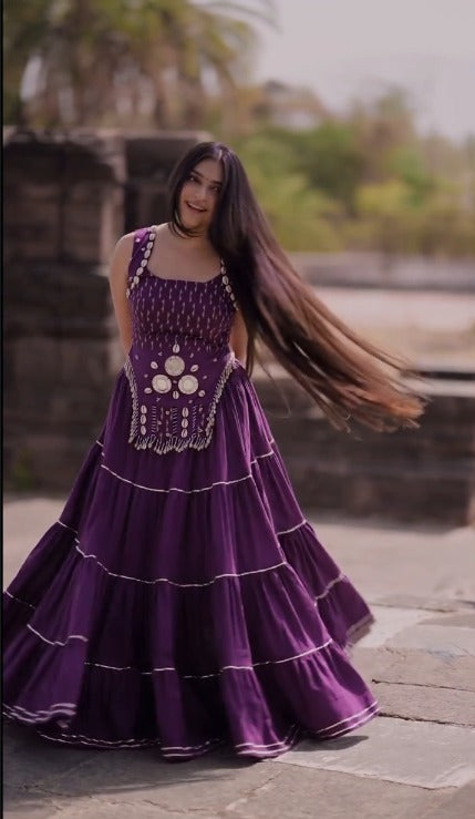 Royal Orchid Glow Purple Mirror Work Flair Gown