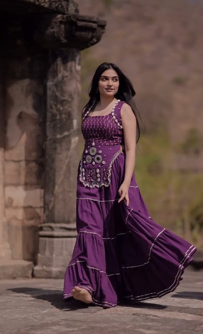 Royal Orchid Glow Purple Mirror Work Flair Gown