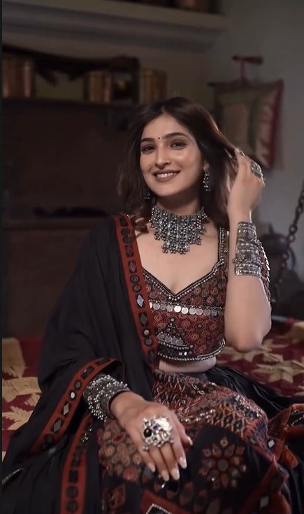 Royal Mirror Magic: Boho Black Lehenga Set