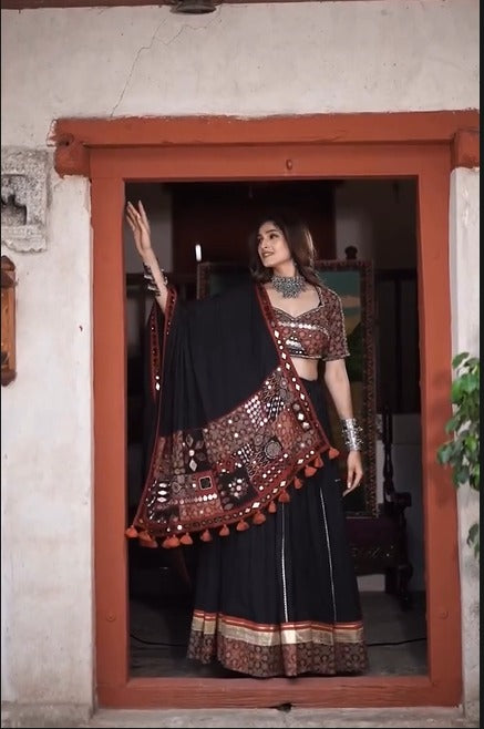 Royal Mirror Magic: Boho Black Lehenga Set