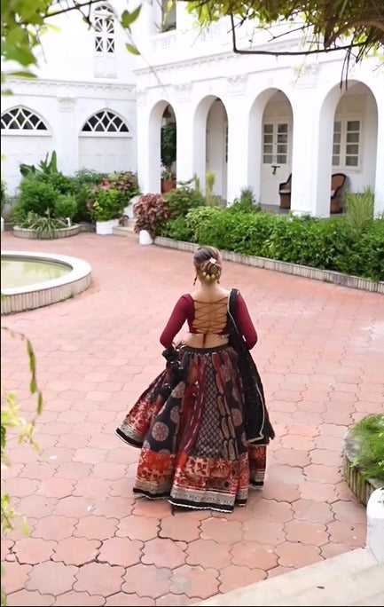 Elegant Maroon & Black Fusion Rayon Lehenga Set