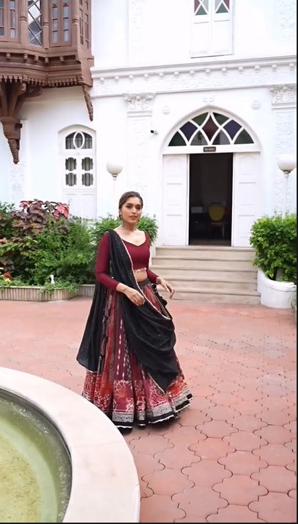 Elegant Maroon & Black Fusion Rayon Lehenga Set