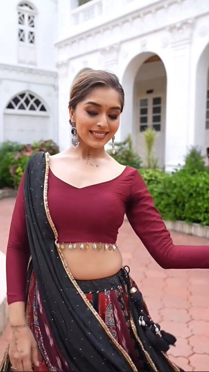 Elegant Maroon & Black Fusion Rayon Lehenga Set