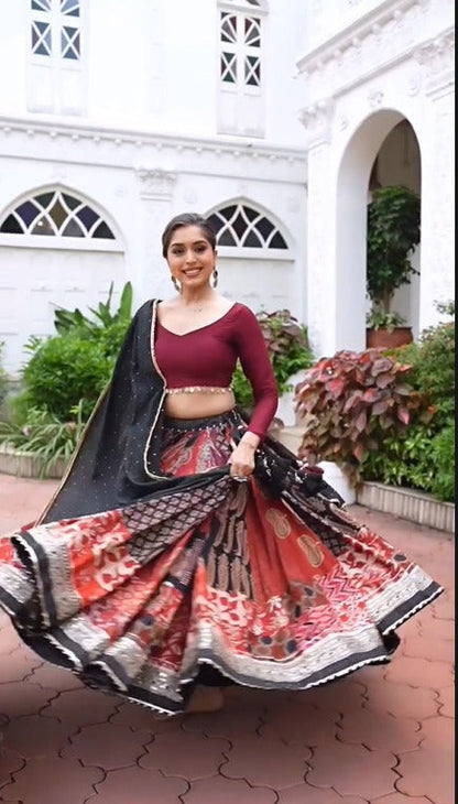 Elegant Maroon & Black Fusion Rayon Lehenga Set