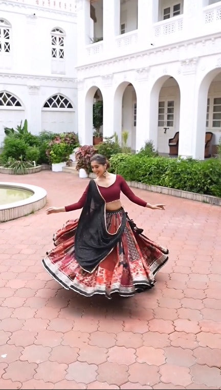 Elegant Maroon & Black Fusion Rayon Lehenga Set