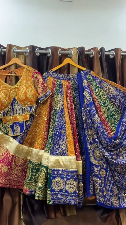 Royal Multicolor Bandhej Navratri Lehenga  Mirror & Sequin Work  Festive Garba Outfit