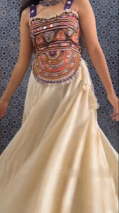Golden Glow – White Lehenga with Colorful Gamthi Blouse