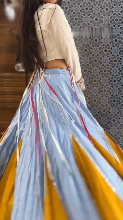 Pastel Blue & Mustard Fusion Lehenga Choli with Mirror Work Elegance