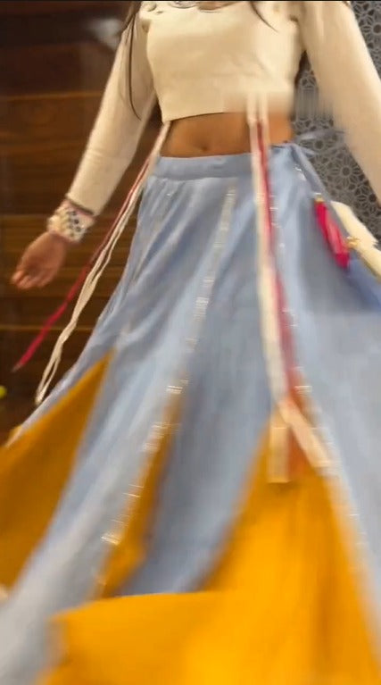 Pastel Blue & Mustard Fusion Lehenga Choli with Mirror Work Elegance