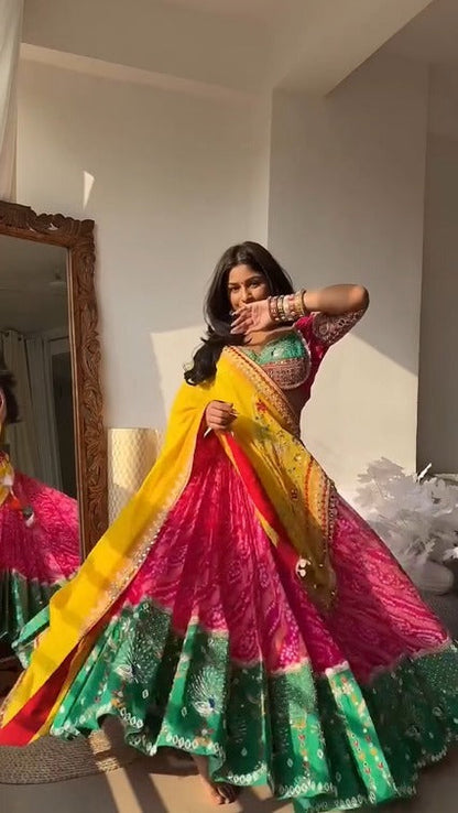 Pink & Green Lehenga with Yellow Dupatta