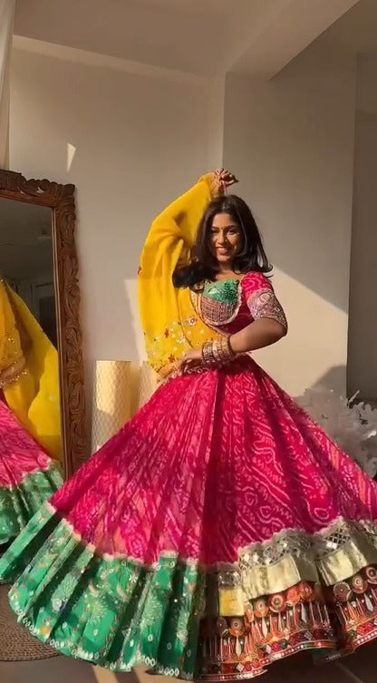 Pink & Green Lehenga with Yellow Dupatta