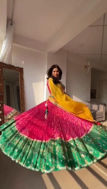 Pink & Green Lehenga with Yellow Dupatta